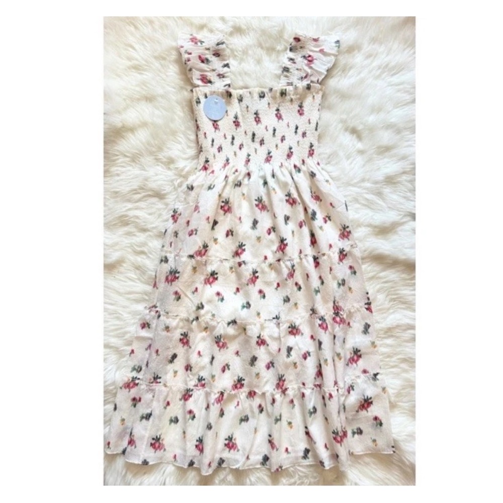 New HILL HOUSE Ellie Floral Smocked Midi Nap Dress in Ivory Crushed Taffeta Ikat - Picture 7 of 16